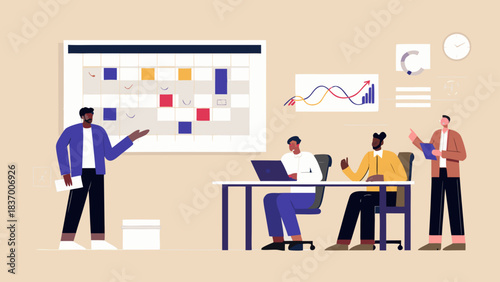 A presentation with a calendar and charts with a group of people in a meeting room setting shown
