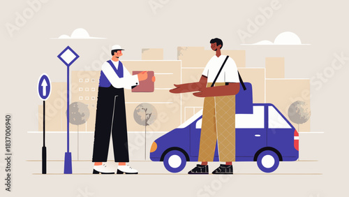 Delivery person handing package to customer near blue car and street signs in urban setting illustration
