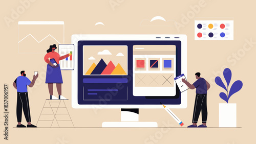 A team collaborating on a website design displayed on a large monitor with charts and graphs visible