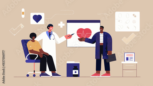 Doctor explaining heart health to patients in a medical office with diagram and equipment present