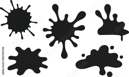Abstract collection of black ink splatters and paint splashes. Dynamic and textured graphic elements perfect for artistic design, grunge effects, and creative projects