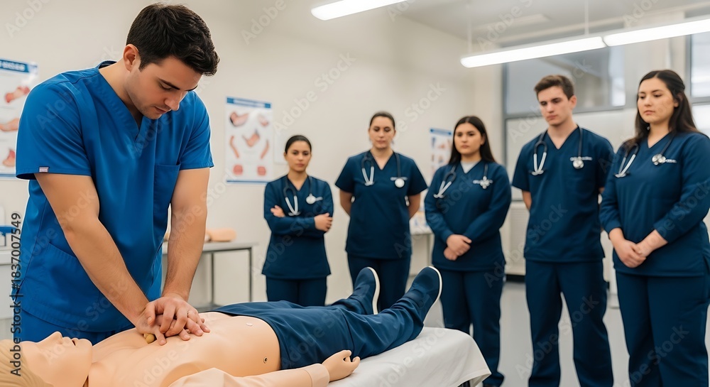 Obraz premium Medical students practice CPR on a dummy while instructors observe in a classroom setting.