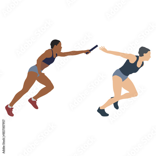 Female runners passing baton in relay race vector illustration.