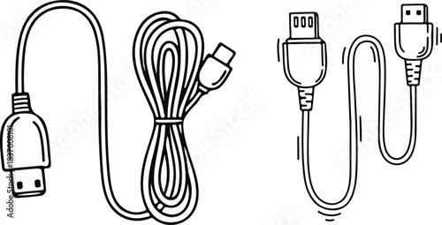 A collection of versatile line art illustrations depicting various electronic connection cables and digital device cords, showcasing different forms for data transfer and power supply
