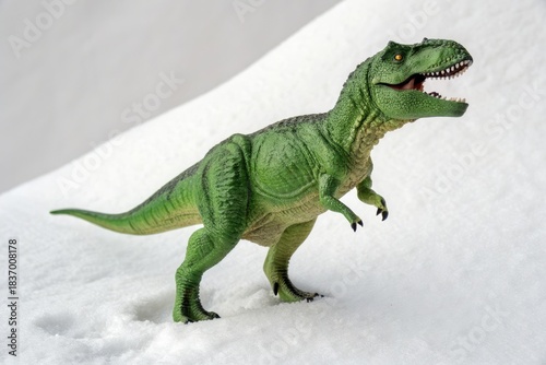 Green Dinosaur Toy Standing on Snowy Background in Playful Scene