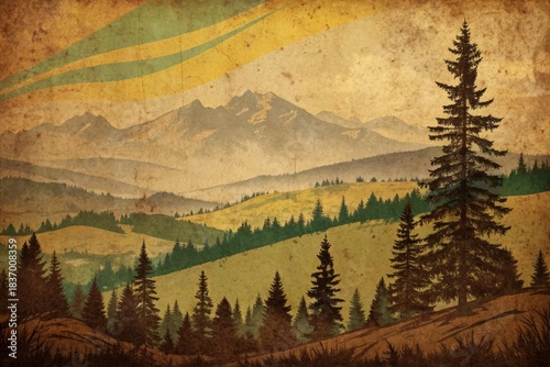 Vast Mountain Landscape With Rolling Hills and Trees in a Vintage Style