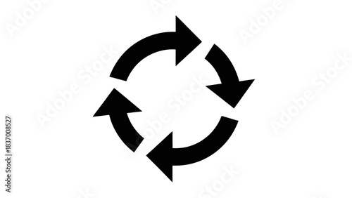 A black icon featuring four arrows arranged in a continuous circular cycle, symbolizing refresh, reload, or a repetitive process.