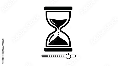A black and white icon depicting an hourglass with sand flowing, symbolizing time passing, with a progress bar below it.