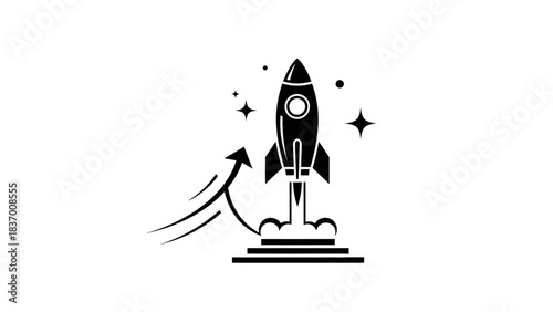 Black silhouette of a rocket launching upwards with an arrow indicating growth and stars, symbolizing startup success and innovation.