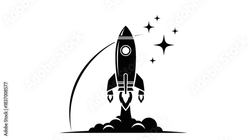 A black and white graphic illustration of a rocket launching into space with stars.