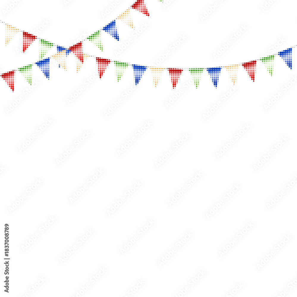 Obraz premium Colorful halftone bunting flags on a white background, festive triangular garlands creating a cheerful celebration border.