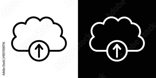 Cloud upload icon in black and white stroke on background, ideal for cloud storage, file backup, and online upload actions.