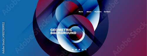 Abstract geometric design. Vibrant blue, red hues dominate. Website header includes navigation work, about, portfolio, contact. Modern aesthetic.