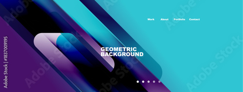 Abstract geometric background. Blue, purple hues dominate design. Navigation links present work, about, portfolio, contact. Modern aesthetic.