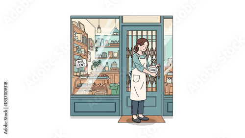A woman closes a shop door with a closed sign