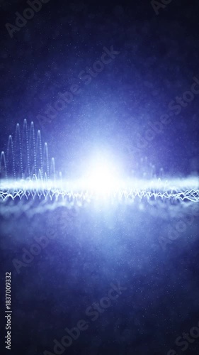 Glowing blue particle light with digital technology wave oscillation on vertical loop background.