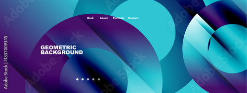 Abstract geometric background. Blue, purple hues blend. Minimalist design features text, navigation elements. Modern aesthetic.