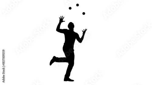 Silhouette of a person juggling multiple balls with skill and precision.
