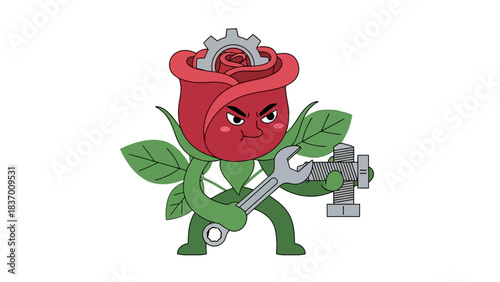 Animated red rose character holding a wrench and a bolt