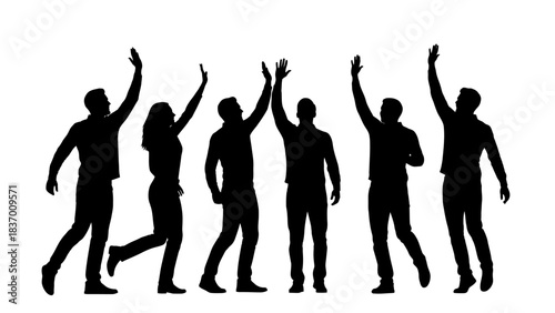 Silhouettes of diverse people raising hands in celebration.