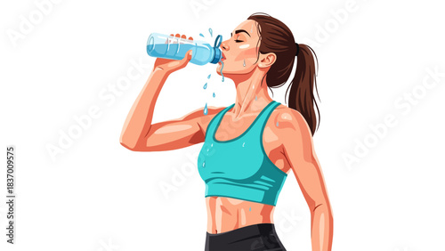 Athletic woman drinking water after exercise with sweat and water droplets visible