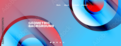 Abstract geometric design. Blue, red, gray layers create dynamic background. Website header includes navigation options. Modern aesthetic.