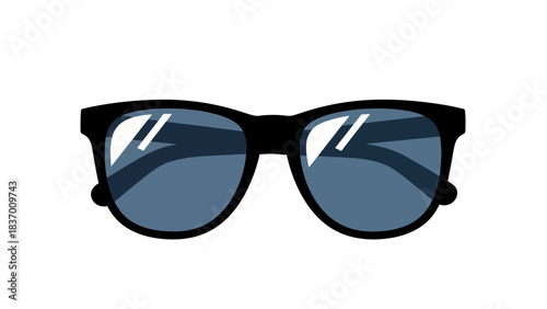 Blackframed sunglasses with blue lenses and reflective highlights