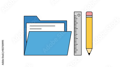 Blue folder gray ruler and yellow pencil on white background
