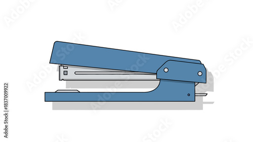 Blue desk stapler casting a grey shadow on a white background