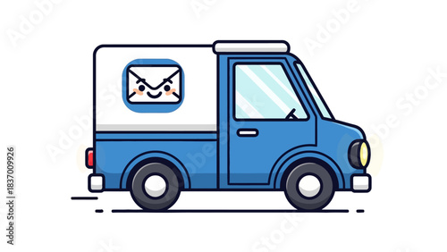 Blue mail truck with a smiling envelope sticker on the side