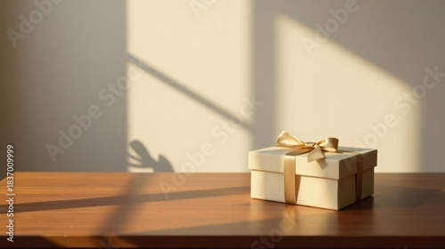 A delicately wrapped gift box with a golden ribbon sits on a wooden surface, bathed in soft sunlight casting gentle shadows.