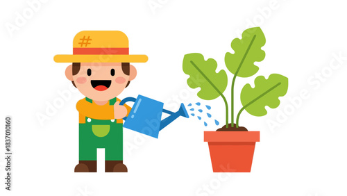Cartoon farmer watering a plant in a pot