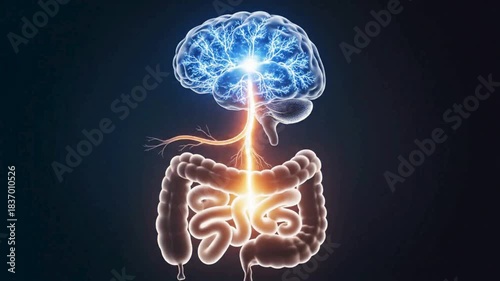 Glowing blue 3d illustration of the brain and intestine connected by nerve impulse transmission