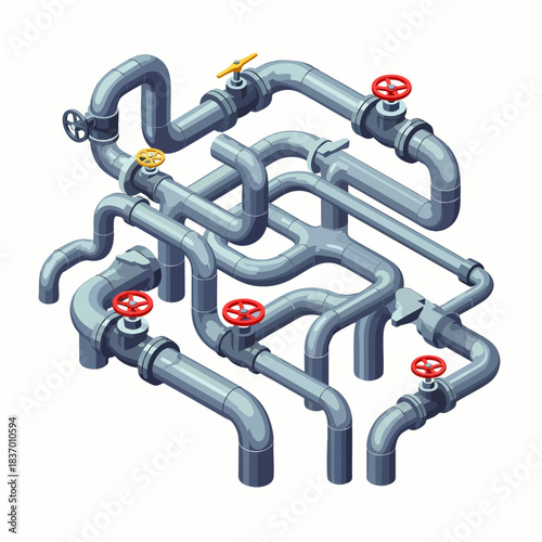 This isometric illustration depicts a complex network of interconnected gray industrial pipes featuring various red and yellow control valves, symbolizing intricate systems.