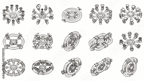 Collection of detailed line art illustrations depicting various mechanical components and engine parts in isometric perspective.