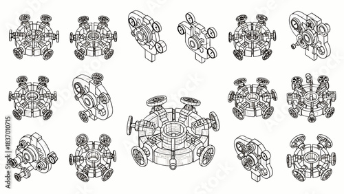 Detailed isometric line art renders showcase a complex futuristic mechanical hub or manifold, featuring intricate connections and advanced design.