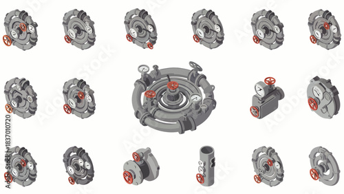 Collection of industrial machinery components and systems with valves and pipes for engineering and manufacturing.