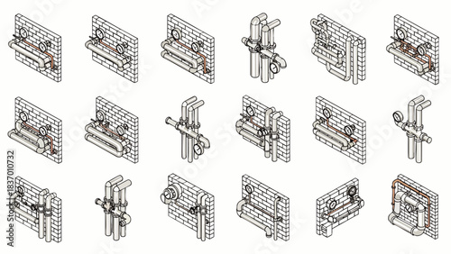 Collection of isometric diagrams illustrating various plumbing pipe fittings and connection systems on a grid background.