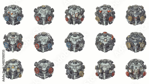 A collection of intricate futuristic spherical mechanical components, showcasing advanced engineering for sci-fi applications or industrial design elements.