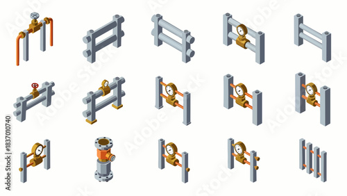Collection of isometric industrial plumbing components and water meters isolated on a white background.