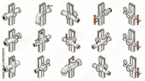 Collection of industrial plumbing valves and fittings, showcasing various designs and components for fluid control systems.