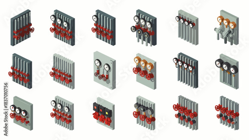 Collection of isometric industrial valves and gauges, representing plumbing and control systems in a factory setting.
