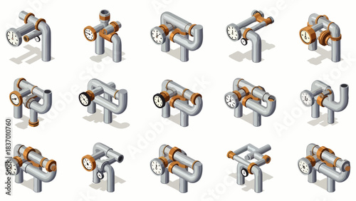 This detailed isometric illustration set showcases diverse industrial pipe systems, featuring intricate connections, valves, and pressure gauges, ideal for engineering projects.