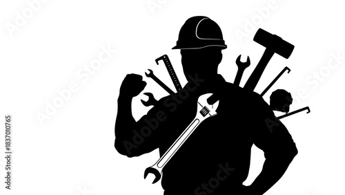 Silhouette of a strong worker with various tools on a white background.