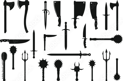 Fantasy weapon silhouettes, medieval blades, black icons, swords, axes, daggers, tridents, maces, cleavers, knives, vector set, combat tools