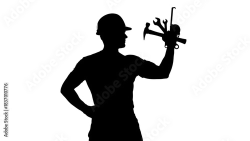 Silhouette of a construction worker holding tools and equipment.