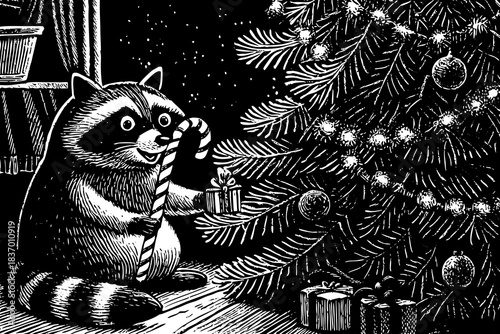 raccoon holds a candy cane while sitting near a sparkling Christmas tree, creating a playful winter holiday moment