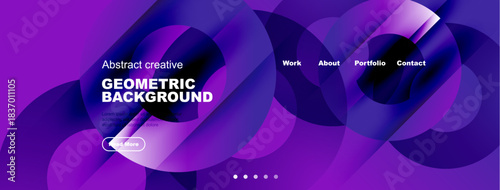 Abstract geometric background design. Vibrant purple, blue hues create modern aesthetic. Minimalist text elements present work information.