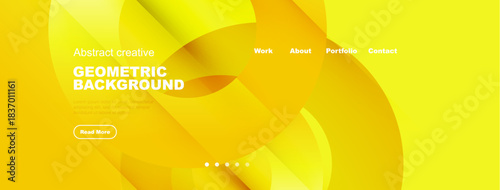 Bright yellow design features overlapping shapes, text elements, navigation menu. Modern aesthetic suitable for website header or banner.