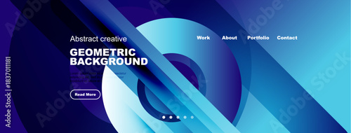 Abstract website header design. Blue gradients, geometric shapes, text elements present. Navigation menu visible, modern aesthetic.